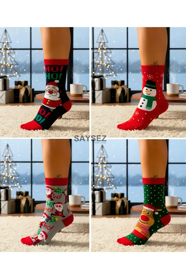 Unisex Yılbaşı Desenli 4'lü Paket Renkli Soket Çorap Christmas Happy New Year Unisex Yılbaşı Desenli 4'lü Paket Renkli Soket Çorap Christmas Happy New Year
